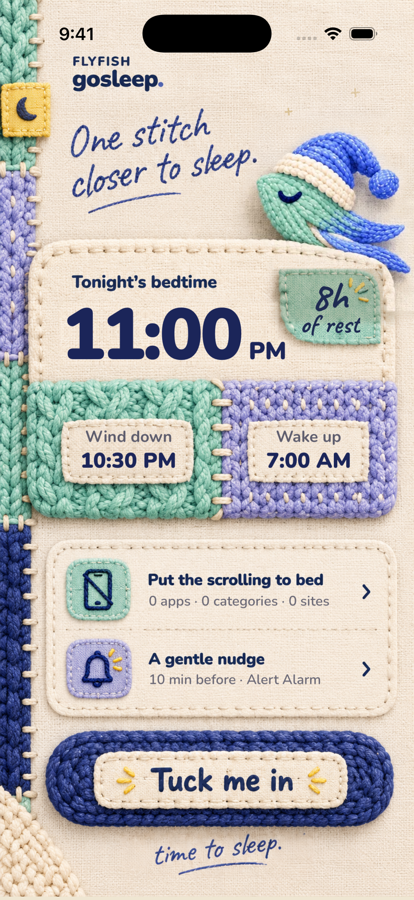 The Go Sleep home screen with the knitted fish, bedtime schedule, nudge settings and a Tuck me in button