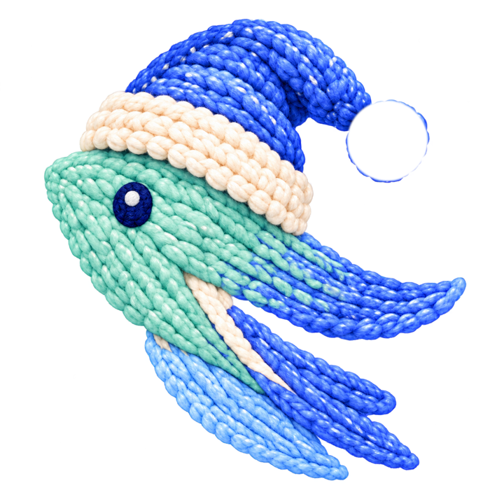 The Go Sleep mascot: a crocheted mint and blue flying fish in a sleeping cap